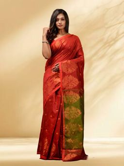Arhi - Women Red Cotton Blend Woven Saree Without Blouse