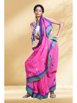 Arhi - Women Pink Cotton Blend Woven Saree Without Blouse