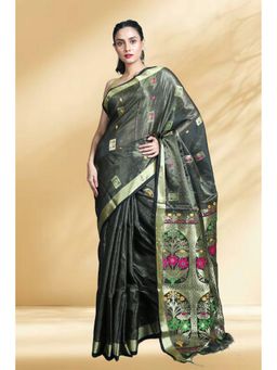 Arhi - Women Black Tissue Woven Saree Without Blouse