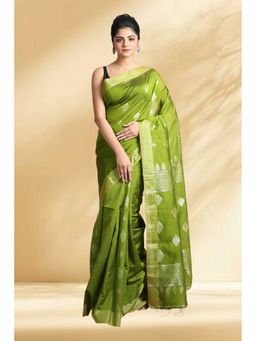 Arhi - Women Green Cotton Blend Woven Saree Without Blouse