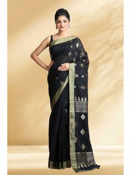 Arhi - Women Black Cotton Blend Woven Saree Without Blouse