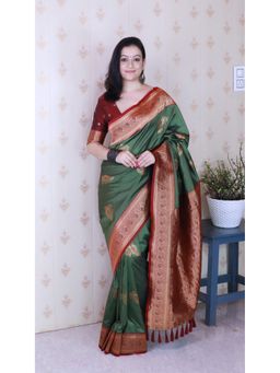 ELITE WEAVES - Women Green Silk Woven Saree with Unstitched Blouse