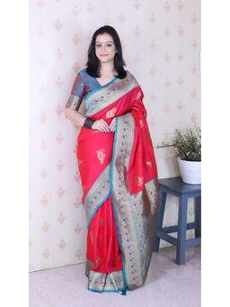ELITE WEAVES - Women Red Silk Woven Saree with Unstitched Blouse