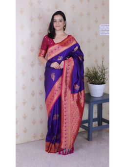 ELITE WEAVES - Women Blue Silk Woven Saree with Unstitched Blouse