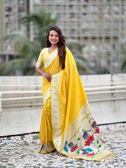 ELITE WEAVES - Women Yellow Silk Woven Saree with Unstitched Blouse