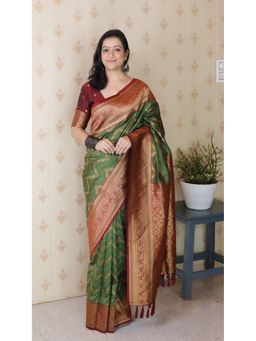 ELITE WEAVES - Women Green Silk Woven Saree with Unstitched Blouse