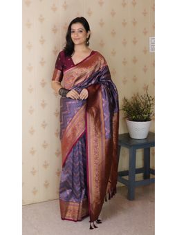 ELITE WEAVES - Women Purple Silk Woven Saree with Unstitched Blouse