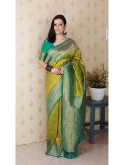 ELITE WEAVES - Women Green Silk Woven Saree with Unstitched Blouse