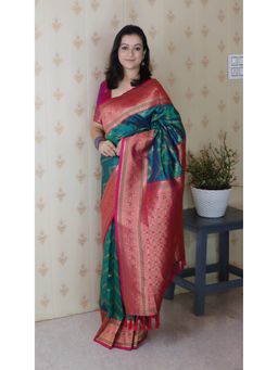 ELITE WEAVES - Women Blue Silk Woven Saree with Unstitched Blouse