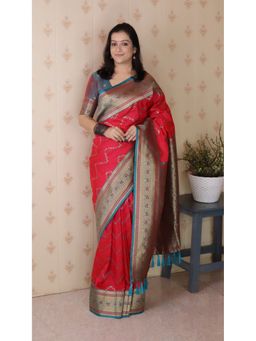 ELITE WEAVES - Women Pink Silk Woven Saree with Unstitched Blouse