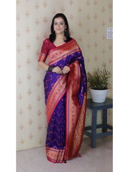 ELITE WEAVES - Women Purple Silk Woven Saree with Unstitched Blouse