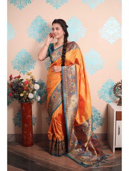 ELITE WEAVES - Women Orange Silk Woven Saree with Unstitched Blouse
