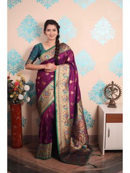 ELITE WEAVES - Women Purple Silk Woven Saree with Unstitched Blouse