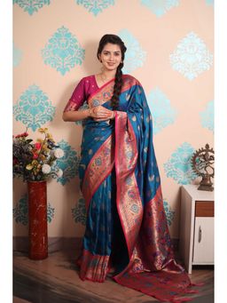 ELITE WEAVES - Women Teal Silk Woven Saree with Unstitched Blouse