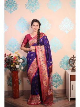 ELITE WEAVES - Women Purple Silk Woven Saree with Unstitched Blouse