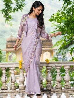 HOUSE OF JAMOTI - Women Purple Pre-Draped Saree with Stitched Blouse and Jacket with Stitched