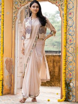 HOUSE OF JAMOTI - Women Beige Pre-Draped Saree with Stitched Blouse and Jacket with Stitched