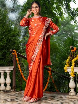HOUSE OF JAMOTI - Women Orange Embroidered Saree with Stitched Blouse