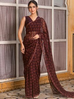 HOUSE OF JAMOTI - Women Wine Floral Saree with Stitched Blouse
