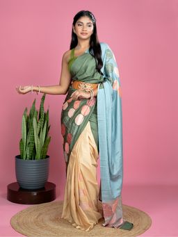 Hella Fashions - Women Multi-Color Satin Colorblock Saree with Unstitched Blouse