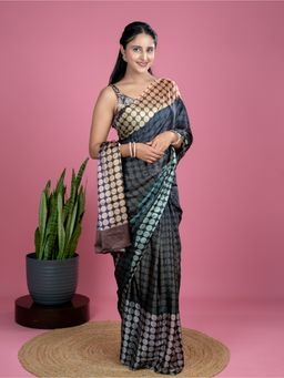 Hella Fashions - Women Multi-Color Satin Geometric Saree with Unstitched Blouse