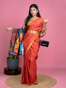Hella Fashions - Women Red Satin Geometric Saree with Unstitched Blouse