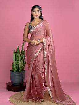 Hella Fashions - Women Pink Satin Embellished Saree with Unstitched Blouse