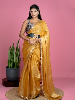 Hella Fashions - Women Mustard Satin Embellished Saree with Unstitched Blouse