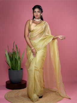 Hella Fashions - Women Olive Tissue Embellished Saree with Unstitched Blouse