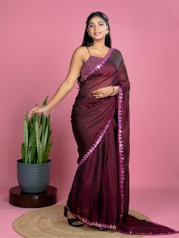 Hella Fashions - Women Wine Tissue Floral Saree with Unstitched Blouse