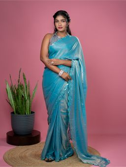 Hella Fashions - Women Blue Tissue Embroidered Saree with Unstitched Blouse