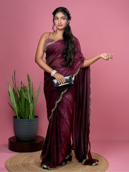 Hella Fashions - Women Burgundy Tissue Embroidered Saree with Unstitched Blouse