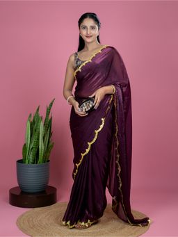 Hella Fashions - Women Maroon Tissue Embroidered Saree with Unstitched Blouse
