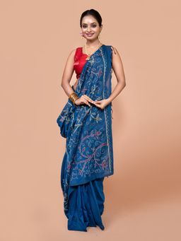 LAA CALCUTTA - Women Navy Blue Pure Cotton Embroidered Saree with Unstitched Blouse