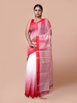 LAA CALCUTTA - Women White Silk Blend Woven Saree with Unstitched Blouse