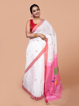 LAA CALCUTTA - Women White Pure Cotton Woven Saree with Unstitched Blouse