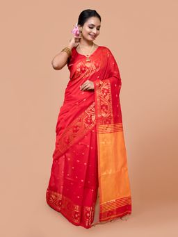 LAA CALCUTTA - Women Red Silk Blend Woven Saree with Unstitched Blouse