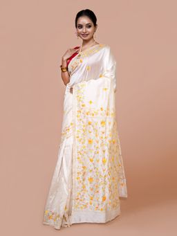 LAA CALCUTTA - Women Off White Silk Blend Embroidered Saree with Unstitched Blouse