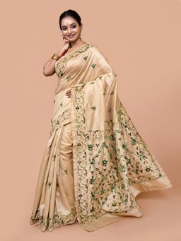 LAA CALCUTTA - Women Beige Silk Blend Embroidered Saree with Unstitched Blouse