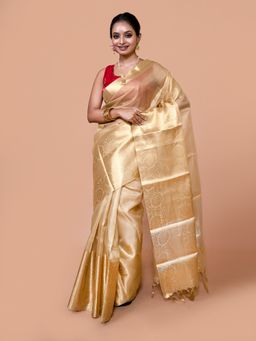 LAA CALCUTTA - Women Gold Tissue Woven Saree with Unstitched Blouse