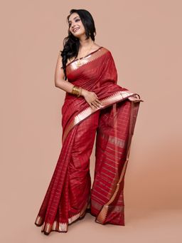 LAA CALCUTTA - Women Maroon Silk Blend Woven Saree with Unstitched Blouse