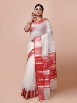 LAA CALCUTTA - Women White Silk Blend Woven Saree with Unstitched Blouse