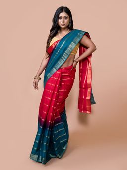 LAA CALCUTTA - Women Pink Pure Cotton Woven Saree with Unstitched Blouse