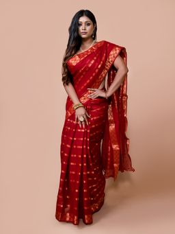 LAA CALCUTTA - Women Red Pure Cotton Woven Saree with Unstitched Blouse