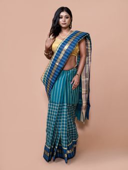 LAA CALCUTTA - Women Green Pure Cotton Woven Saree with Unstitched Blouse