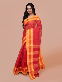 LAA CALCUTTA - Women Red Pure Cotton Woven Saree with Unstitched Blouse