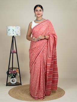 Ushvii - Women Pink Cotton Floral Saree with Unstitched Blouse