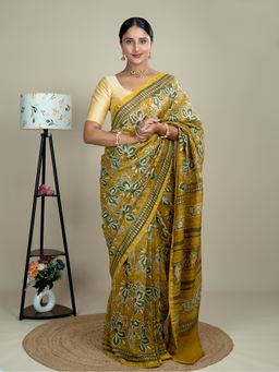 Ushvii - Women Mustard Chanderi Floral Saree with Unstitched Blouse