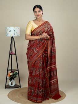 Ushvii - Women Red Chanderi Floral Saree with Unstitched Blouse