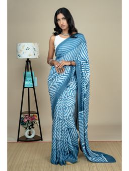 Ushvii - Women Indigo Silk Blend Geometric Saree with Unstitched Blouse